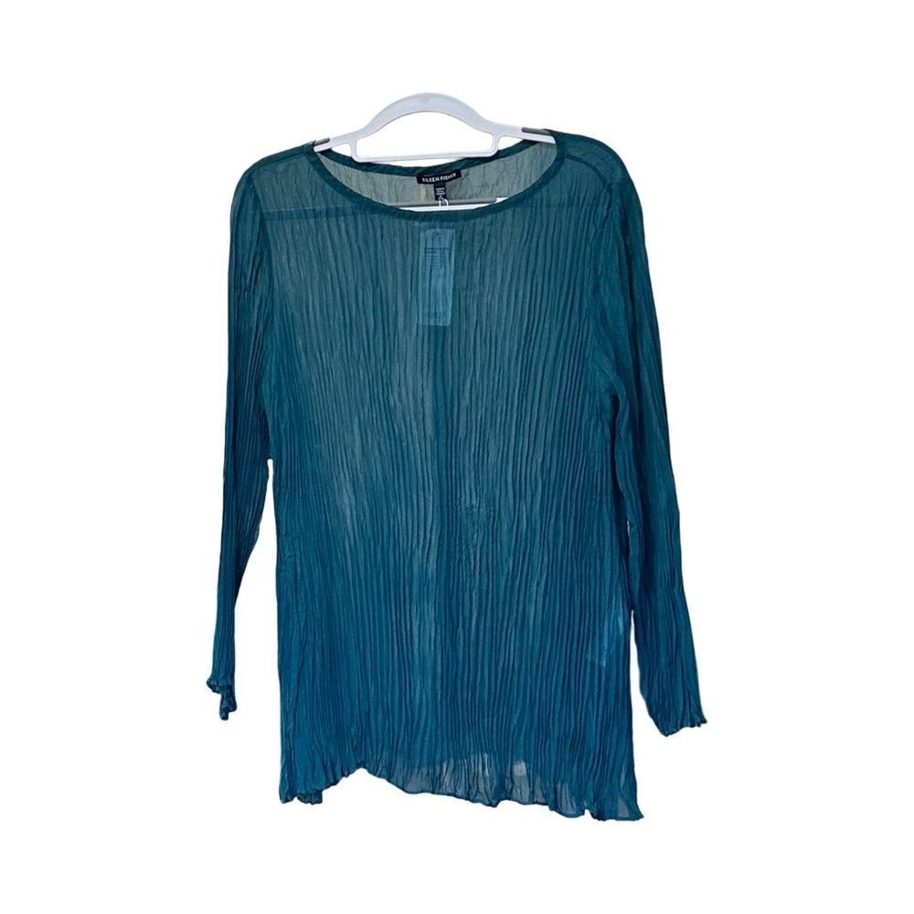 NWT Eileen Fisher Crinkled Sheer Silk Georgette Bateau Neck Long Top Blouse Med